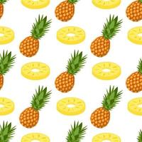 modèle sans couture avec des tranches d'ananas fraîches entières et coupées avec des feuilles sur fond blanc. fruits d'été pour un mode de vie sain. fruits bio. style bande dessinée. illustration vectorielle pour toute conception. vecteur