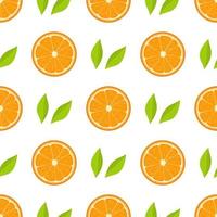 modèle sans couture avec des fruits frais à moitié orange et des feuilles vertes sur fond blanc. mandarine. fruits bio. style bande dessinée. illustration vectorielle pour la conception, le web, le papier d'emballage, le tissu, le papier peint. vecteur