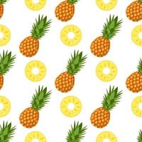 modèle sans couture avec des tranches d'ananas fraîches entières et coupées avec des feuilles sur fond blanc. fruits d'été pour un mode de vie sain. fruits bio. style bande dessinée. illustration vectorielle pour toute conception. vecteur