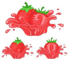 ensemble d'éclaboussures de jus de fraise fraîche et lumineuse isolées sur fond blanc. jus de fruits d'été. style bande dessinée. illustration vectorielle pour toute conception. vecteur
