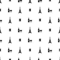 symboles de paris de modèle sans couture. bouteille de vin, fromage, tour eiffel sur fond blanc. illustration vectorielle pour le design, le web, le papier d'emballage, le tissu, le papier peint vecteur