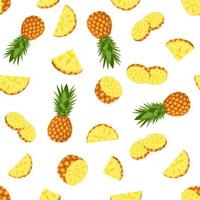 modèle sans couture avec des tranches d'ananas fraîches entières et coupées avec des feuilles sur fond blanc. fruits d'été pour un mode de vie sain. fruits bio. style bande dessinée. illustration vectorielle pour toute conception. vecteur