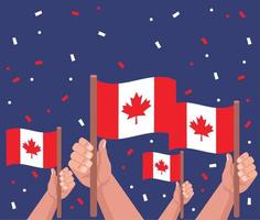 mains agitant des drapeaux canadiens vecteur