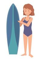 femme avec planche de surf bleue vecteur