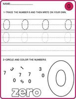 activité de suivi des numéros. tracez le jeu éducatif pour enfants numéro 0, feuille de travail imprimable vecteur