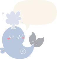 dessin animé baleine jaillissant de l'eau et bulle de dialogue dans un style rétro vecteur