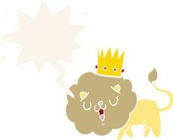 dessin animé lion et couronne et bulle de dialogue dans un style rétro vecteur
