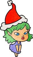 joli dessin animé texturé d'une fille elfe portant un bonnet de noel vecteur