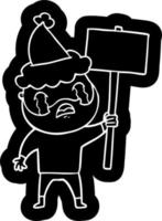icône de dessin animé d'un manifestant barbu pleurant portant un bonnet de noel vecteur