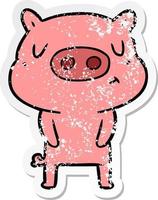 autocollant en détresse d'un cochon de contenu de dessin animé vecteur