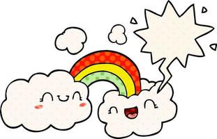 nuages de dessin animé heureux et arc-en-ciel et bulle de dialogue dans le style de la bande dessinée vecteur