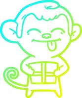 ligne de gradient froid dessinant un singe drôle de bande dessinée avec un cadeau de noël vecteur