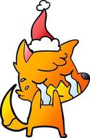 dessin animé dégradé de renard qui pleure d'un bonnet de noel vecteur