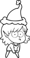 dessin au trait d'une fille elfe regardant fixement et accroupie portant un bonnet de noel vecteur