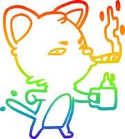 ligne de gradient arc-en-ciel dessinant un chat daffaires sérieux avec café et cigare vecteur