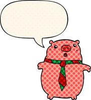 cochon de dessin animé portant une cravate de bureau et une bulle de dialogue dans le style de la bande dessinée
