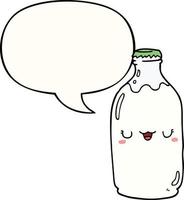 bouteille de lait de dessin animé mignon et bulle de dialogue vecteur
