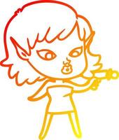 ligne de gradient chaud dessinant une jolie fille de dessin animé avec un pistolet à rayons vecteur