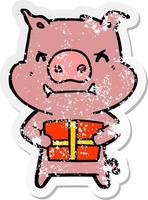 autocollant en détresse d'un cochon de dessin animé en colère avec un cadeau de noël vecteur
