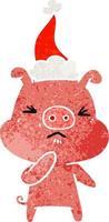 dessin animé rétro d'un cochon en colère portant un bonnet de noel vecteur