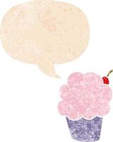 cupcake de dessin animé et bulle de dialogue dans un style texturé rétro vecteur