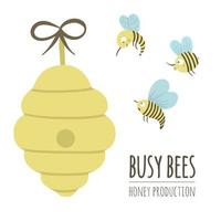 illustration vectorielle à plat dessinée à la main d'une ruche avec des abeilles. logo de production de miel, signe, bannière, affiche. modèle de carte pour les entreprises apicoles. vecteur