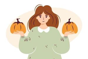 automne jolie dame avec citrouille. femme tenant des citrouilles. illustration vectorielle d'automne confortable pour joyeux thanksgiving ou halloween. récolter une fille de personnage de ferme avec des légumes agricoles. isolé vecteur