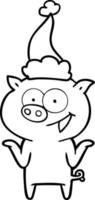 dessin au trait d'un cochon sans soucis portant un bonnet de noel vecteur