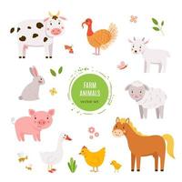 ensemble de dessins animés vectoriels de bébés animaux de ferme isolés sur fond blanc. vache mignonne et heureuse dessinée à la main, oiseau de dinde, chèvre, mouton, cheval, cochon, poule, lapin et oie. illustration d'enfants joyeux vecteur