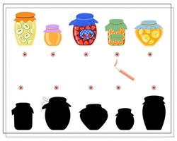 jeu de logique pour enfants trouver la bonne ombre, pots de confiture. vecteur isolé sur fond blanc.