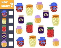 le jeu de mathématiques pour enfants compte combien de pots de confiture. vecteur isolé sur fond blanc.