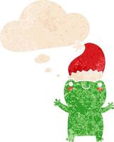 jolie grenouille de noël et bulle de pensée dans un style texturé rétro vecteur