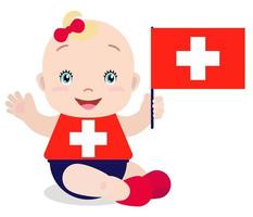 tout-petit bébé souriant, fille tenant un drapeau suisse isolé sur fond blanc. mascotte de dessin animé de vecteur. illustration de vacances au jour du pays, jour de l'indépendance, jour du drapeau. vecteur