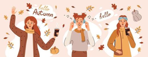 un ensemble de filles dans le feuillage d'automne, buvant du café et écoutant de la musique, bonjour carte de voeux d'automne. illustration vectorielle plane vecteur