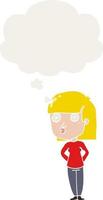 dessin animé femme regardant fixement et bulle de pensée dans un style rétro vecteur