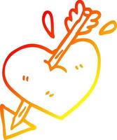 ligne de gradient chaud dessinant un coeur de dessin animé traversé par une flèche vecteur