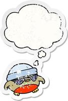 dessin animé cool robin de noël et bulle de pensée comme un autocollant usé en détresse vecteur