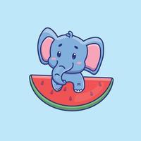 dessin animé mignon bébé éléphant avec pastèque vecteur