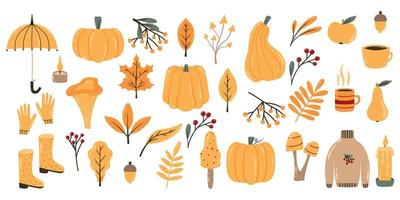 ensemble d'éléments d'automne. collection avec des feuilles d'automne, des citrouilles, des champignons, des baies et plus encore. illustration vectorielle. Bonjour automne. vecteur
