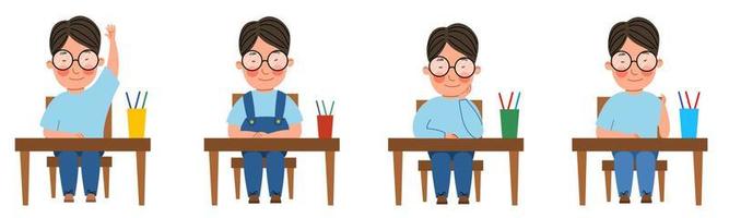 un ensemble d'illustrations avec un étudiant assis à un bureau de classe. un garçon asiatique avec des lunettes à la table a levé la main. vecteur