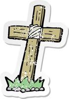 autocollant rétro en détresse d'une tombe de croix en bois de dessin animé vecteur
