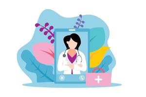 illustration graphique vectoriel d'une femme médecin passe un appel vidéo via un smartphone, parfait pour la médecine, la santé, la pharmacie, l'hôpital, etc.