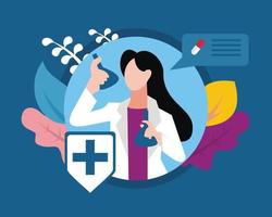 illustration graphique vectoriel d'une femme médecin mélangeant un ingrédient médicinal avec une bouteille chimique, parfait pour la médecine, l'hôpital, la pharmacie, la santé, etc.