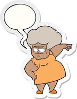 dessin animé en colère vieille femme et autocollant bulle vecteur