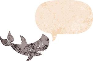 requin de dessin animé et bulle de dialogue dans un style texturé rétro vecteur