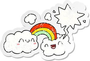 heureux dessin animé nuages et arc-en-ciel et bulle autocollant en détresse vecteur