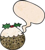 pudding de noël de dessin animé et bulle de dialogue dans un style de texture rétro vecteur