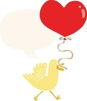 dessin animé oiseau et coeur ballon et bulle de dialogue dans un style rétro vecteur