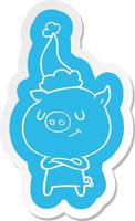 autocollant de dessin animé heureux d'un cochon portant un bonnet de noel vecteur