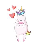 licorne de dessin animé mignon avec des coeurs rouges vecteur